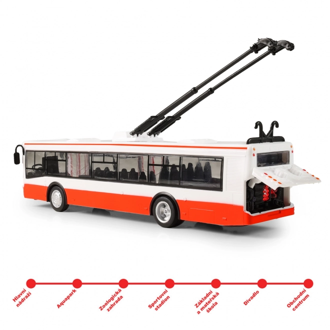 Trolleybus Tsjechisch sprekend plastic 29cm rood vrij rijden op bat. met licht en geluid in doos 33x11x10cm