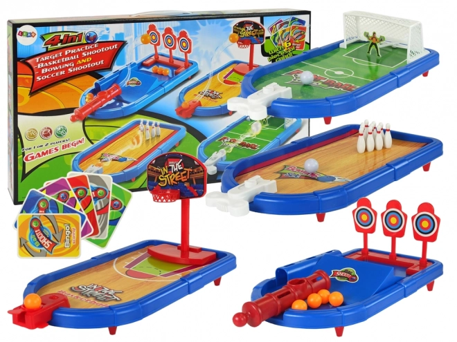 Set van Arcadegames 4 in 1 Basketbal Voetbal, Schild, Bowlingkegel Lanceerder