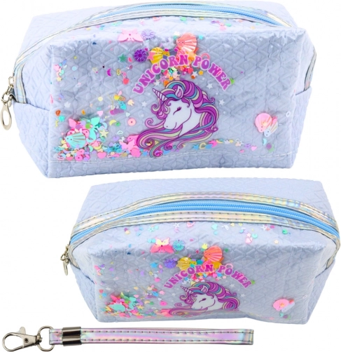 Sprookjesachtige schooletui met eenhoorn en confetti, blauw, 20 cm