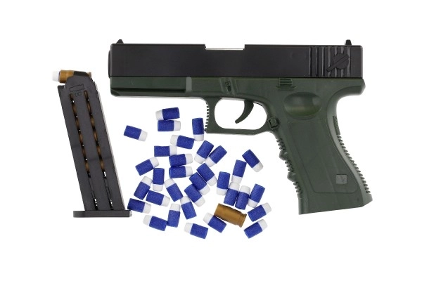 Schuimrubberen kogelpistool plastic 20cm met demper, doelwit, 18 kogels in doos 40x28x4,5cm