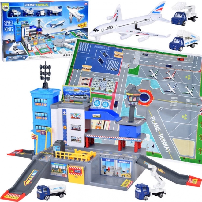 Grote set Luchthaven met parkeren, vliegtuigen en auto's