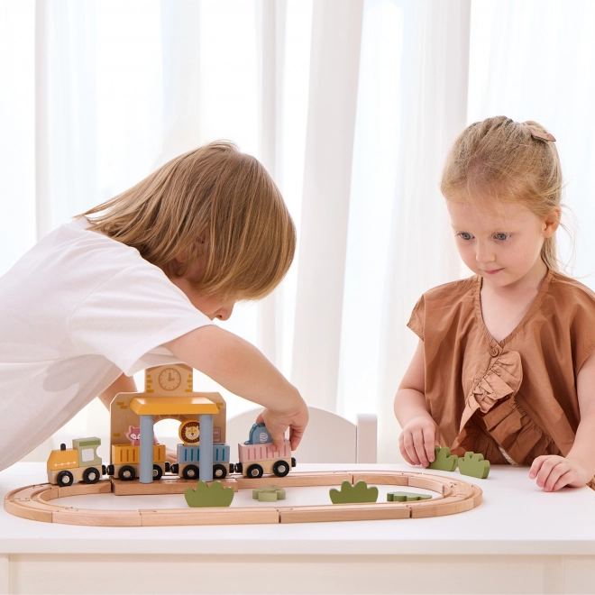 Houten treinset met batterijvoeding