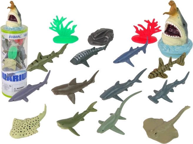 Set zeedieren – figuren van haaien in een koker, 12 stuks