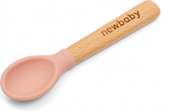Siliconen en houten lepeltje New Baby roze