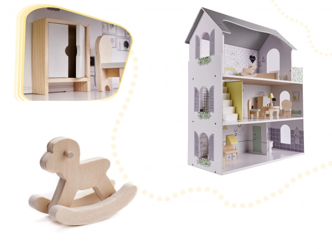 Poppenhuisje met grijs houten meubels