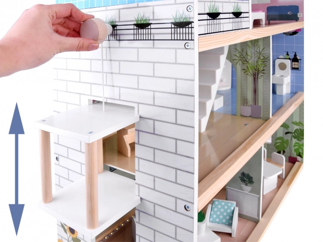 Houten poppenhuis met zwembad en LED-verlichting