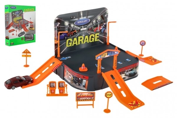 Garage Welly + auto Welly Porsche metaal/plastic in doos 21x25x5,5cm