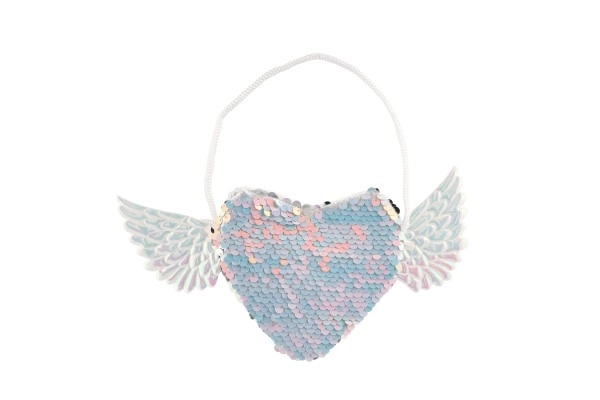 Hartvormige tas met vleugels met wisselende pailletten stoffen wit 21x10cm in een zak