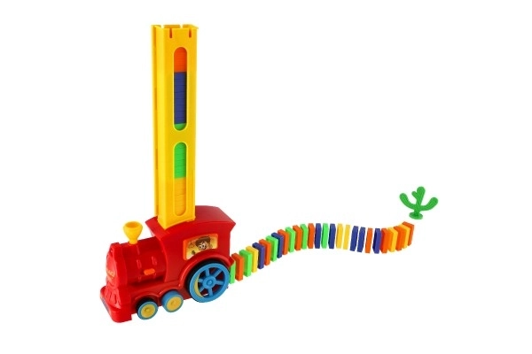 Locomotief/Trein domino bouwend plastic 16cm op batterijen met geluid en licht in doos 33x23,5x8cm