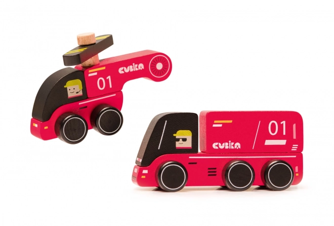 CUBIKA 15559 Brandweerman - houten speelgoedauto met helikopter
