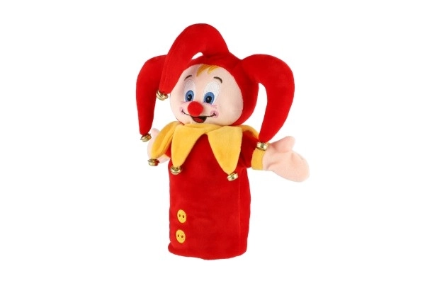 Kasper handpop van pluche 28cm met belletjes op kaart