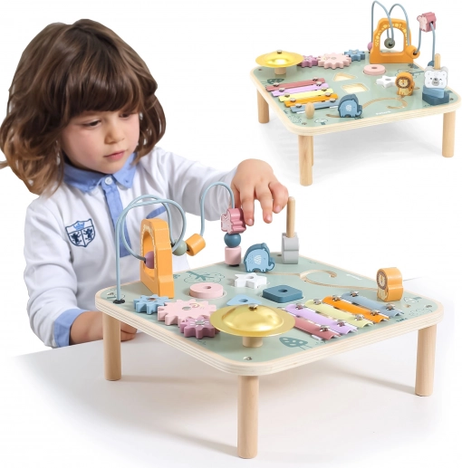 Viga PolarB houten educatieve activiteitentafel met kralenlabyrint en xylofoon