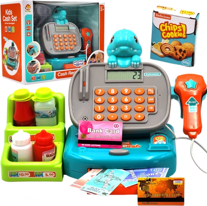 Woopie kinder kassa met plank dino – blauw
