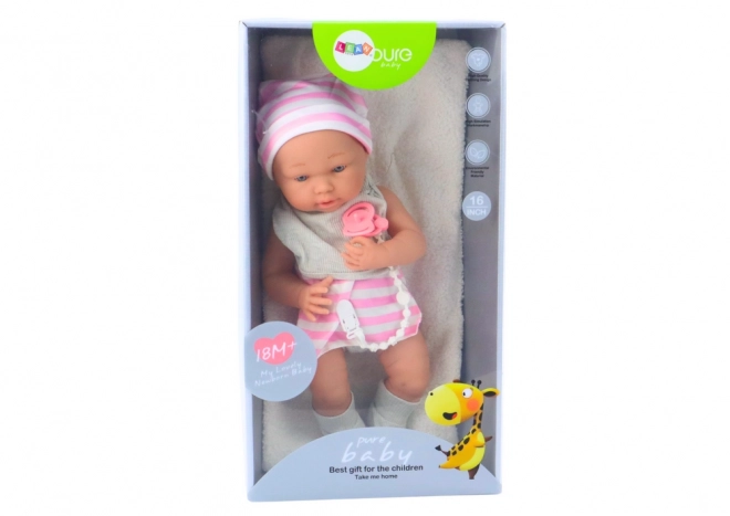 Stoffen Baby in Wit-Roze Kleding met Mutsje en Speen