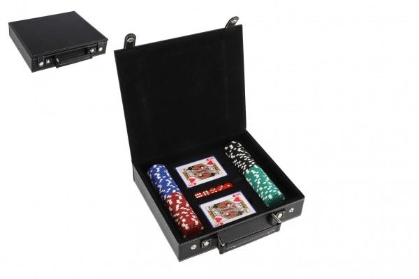 Pokerset 100 stuks + kaarten + dobbelstenen in koffertje in doos 28x25x8cm