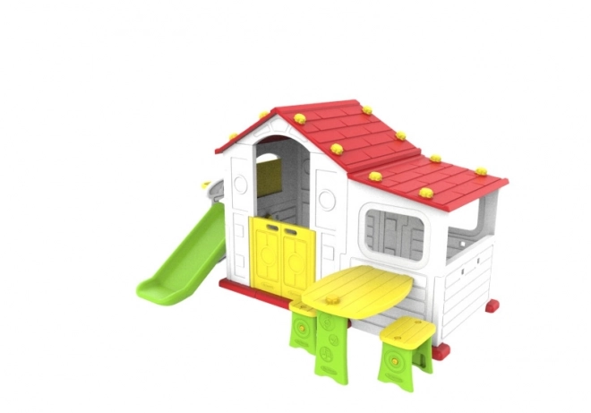 Groot kinderspeelhuis met glijbaan en rood dak