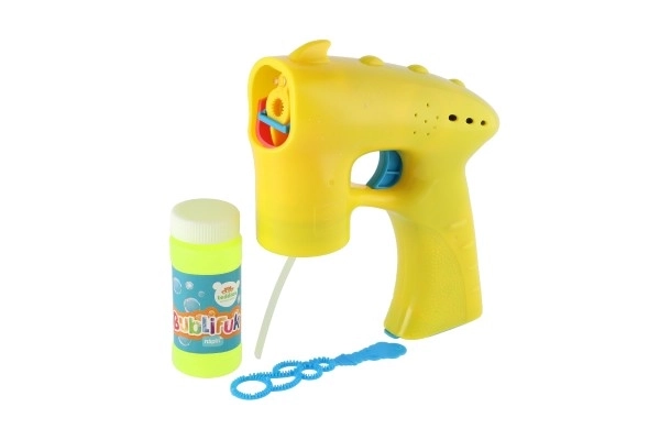 Bellenblaas pistool geel kunststof 13cm + 1 navulling op batterijen op kaart