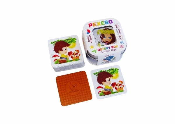 Pexeso Kinderjaar - waterbestendig, 64 kaarten in een metalen doosje 6x6x4cm