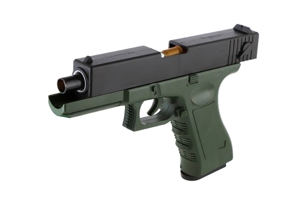 Schuimrubberen kogelpistool plastic 20cm met demper, doelwit, 18 kogels in doos 40x28x4,5cm