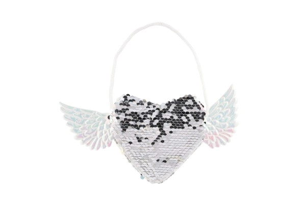 Hartvormige tas met vleugels met wisselende pailletten stoffen wit 21x10cm in een zak