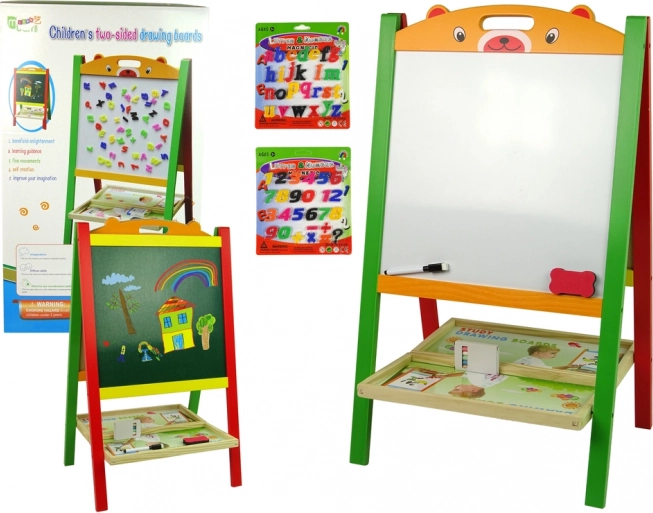 Houten dubbelzijdig kinderkrijtbord 2-in-1 met magneten, letters en cijfers