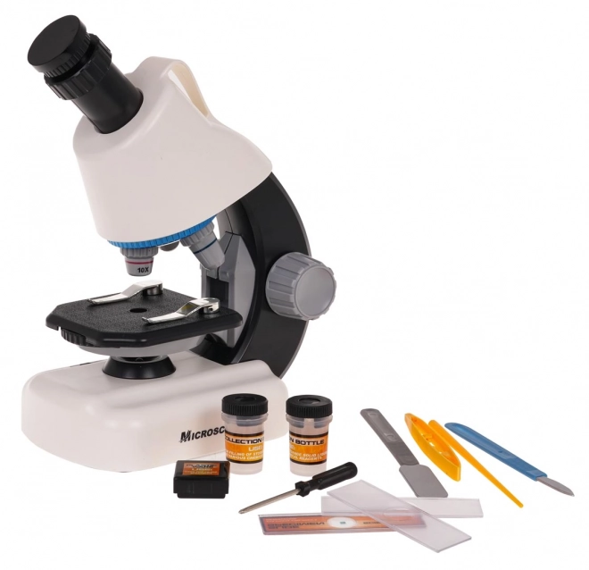 Witte microscoop + reageerbuizen en accessoires