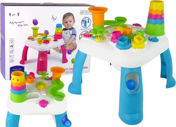 Interactieve educatieve tafel met knikkerbaan en sorteerder – blauw