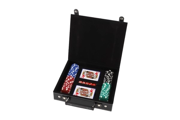 Pokerset 100 stuks + kaarten + dobbelstenen in koffertje in doos 28x25x8cm