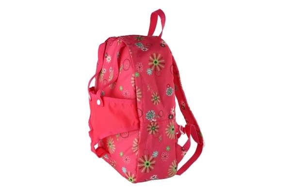 Roze rugzak met draagzak voor pop met bloemenpatroon
