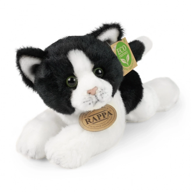 Pluche kat wit-zwart liggend 16 cm ECO-VRIENDELIJK