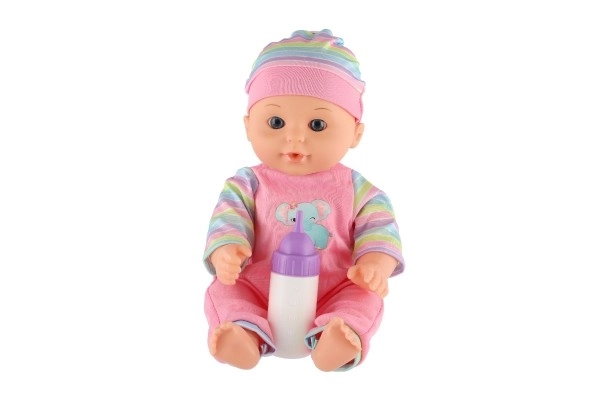 Poppen baby 30 cm plastic in draagzak/autostoeltje met flesje in blister