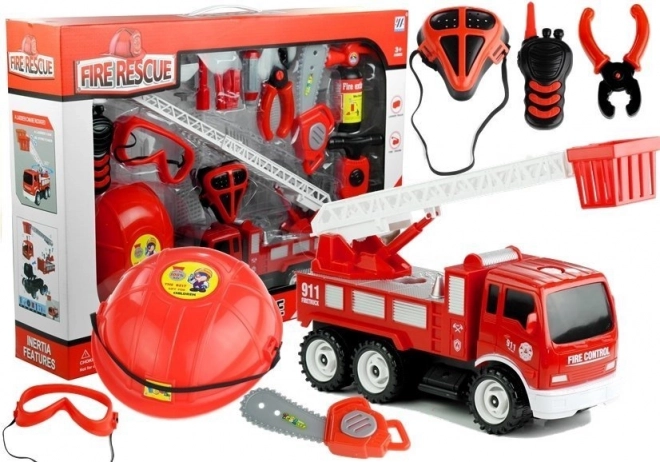 Brandweerset voor kinderen 14-delig met auto, helm, brandblusser en zaag