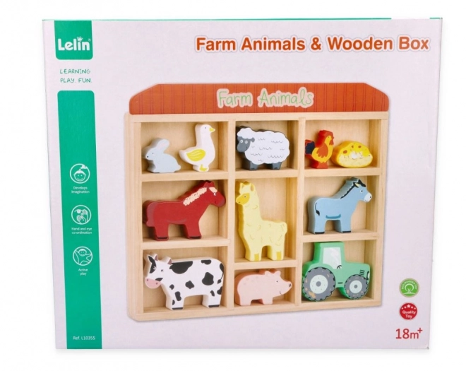 Houten set van boerderijdieren in een lijst