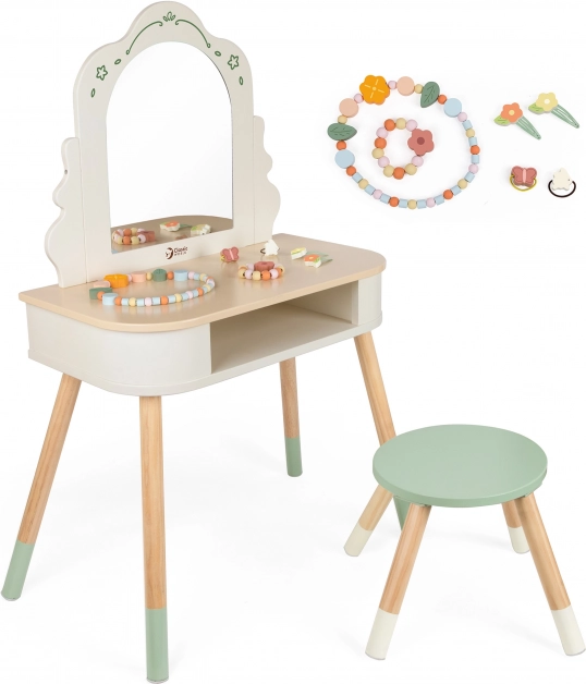 Houten kaptafel met Rond Spiegel en Accessoires Pastel Classic World