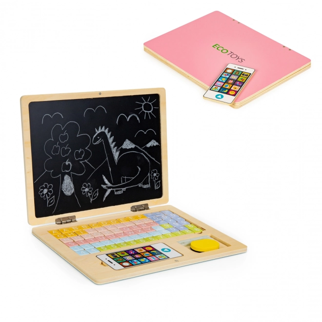 ECOTOYS Houten laptop met magnetisch scherm - roze