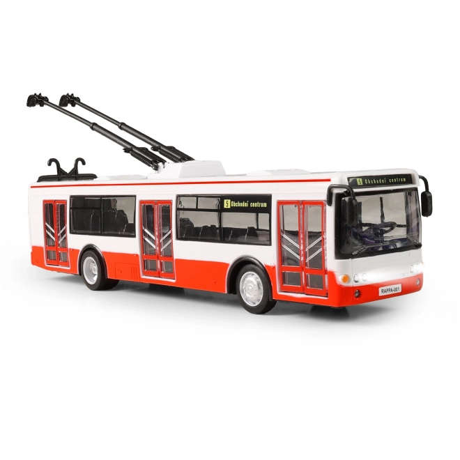 Trolleybus Tsjechisch sprekend plastic 29cm rood vrij rijden op bat. met licht en geluid in doos 33x11x10cm