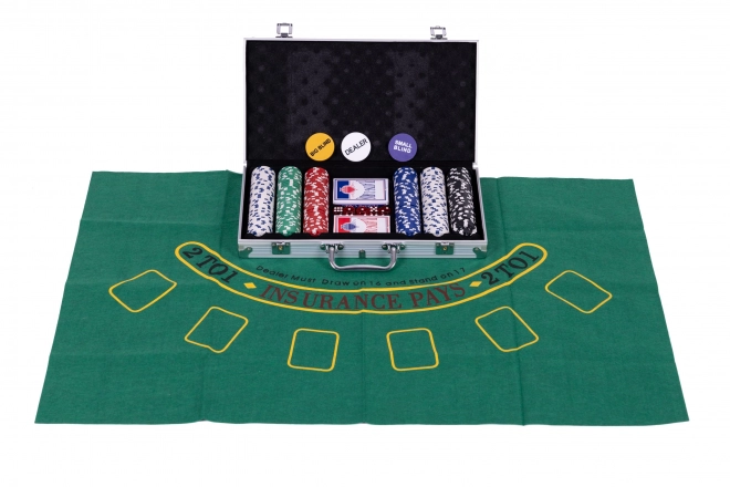 Blackjack Pokerset 300 fiches 2 pakjes kaarten Speelmat Vergrendelbare draagkoffer