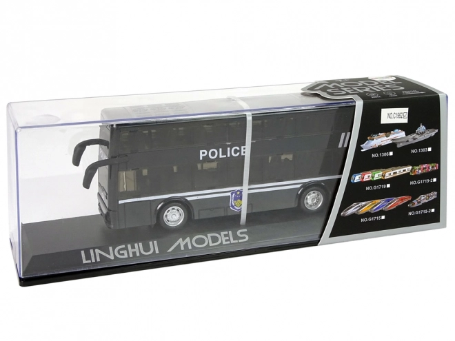 Politie dubbeldekker zwarte bus met wrijvingsaandrijving