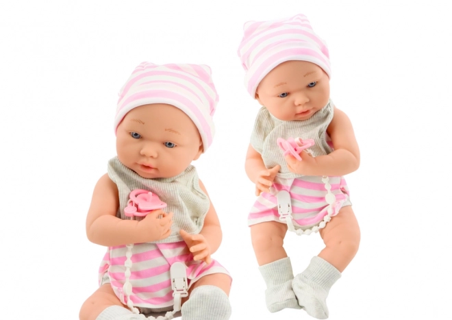 Stoffen Baby in Wit-Roze Kleding met Mutsje en Speen