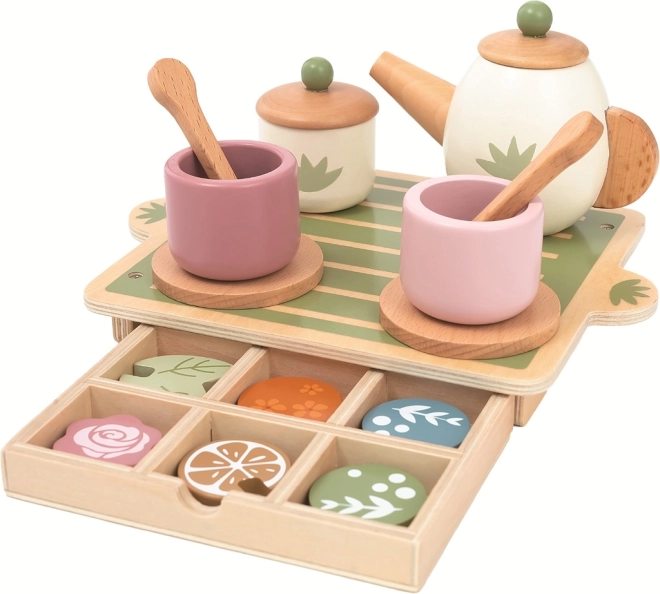 houten theeservies voor kinderen met dienblad en lade