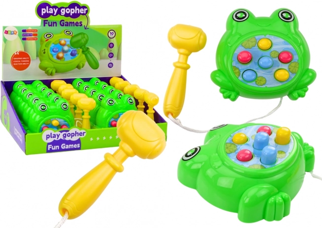 Mini-spel Kikkertje Whac‑a‑Mole met hamer aan koord – groen