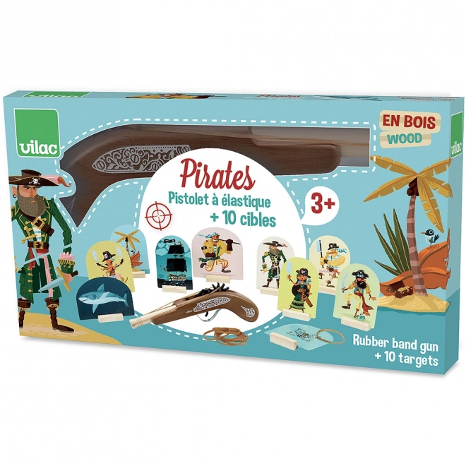 Vilac houten piratenpistool met elastiekjes en doelwit