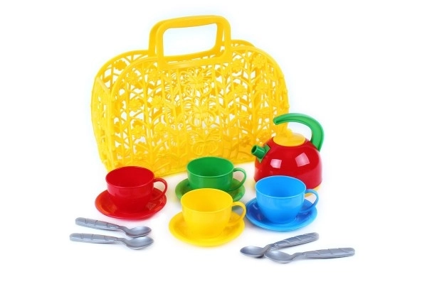 Kleurige kinderserviesset in plastic tas