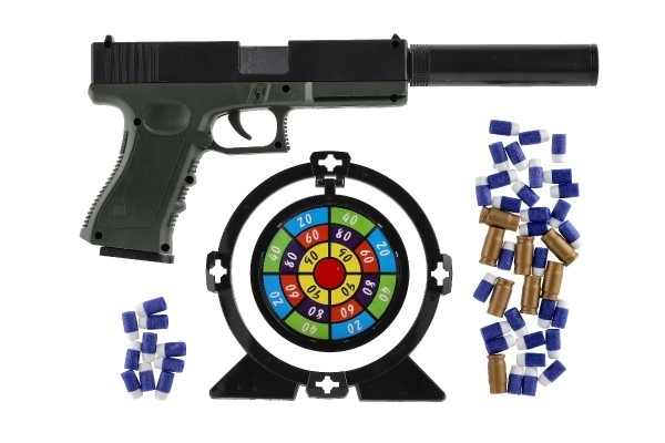 Schuimrubberen kogelpistool plastic 20cm met demper, doelwit, 18 kogels in doos 40x28x4,5cm