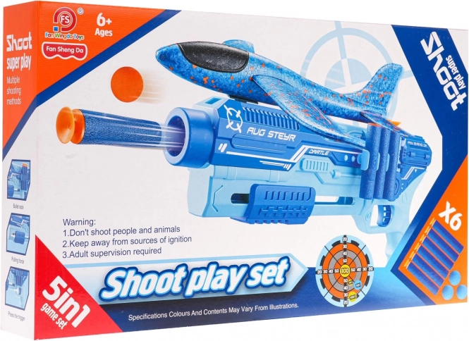 Schietset 5-in-1 met lanceer-vliegtuig – blauw