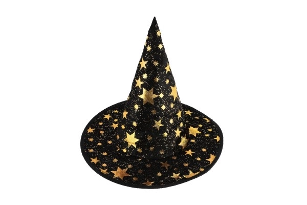 Heksenhoed + mantel voor kinderen diameter 38cm zwart-goud in zakje carnaval
