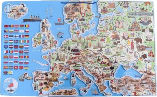 Woody Magnetische kaart van Europa met afbeeldingen en gezelschapsspel, 3-in-1