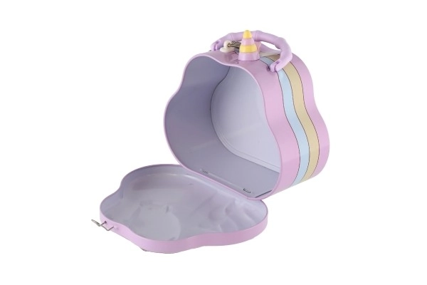 Spaarpot handtasje eenhoorn van blik met slot 15x14cm 3 kleuren in plastic doosje