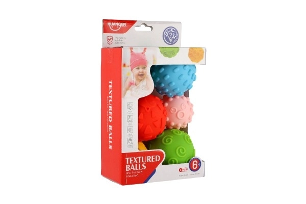 Set van 6 tekstuurballen rubber 6-8cm in doos 15x24x8cm 6m+