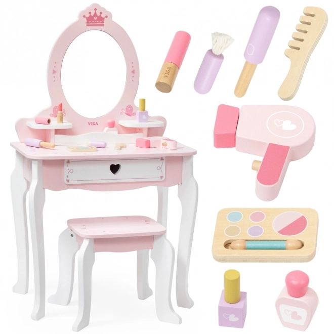 Houten kaptafel en kruk Viga wit en roze met spiegel